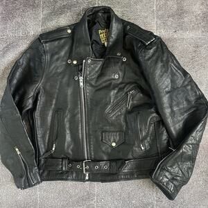 Men's Vintage 90's Protech Black Leather Motorcycle Belted Biker Jacket Sz 46